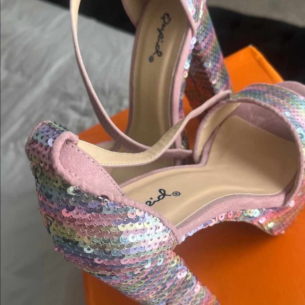 Cupid Iridescent Sequin Heels with Pink Accents